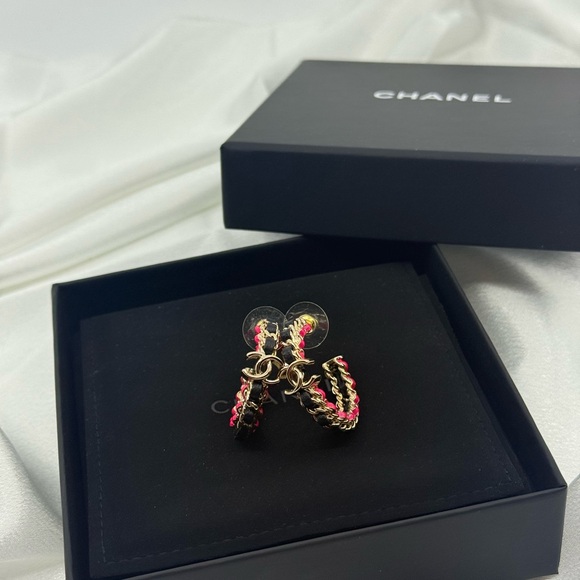 Chanel Gold CC Black Lambskin Leather Pink Accent Hoop Earrings